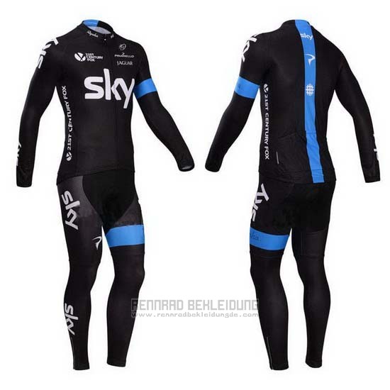 2014 Fahrradbekleidung Sky Shwarz und Azurblau Trikot Langarm und Tragerhose